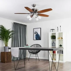 hofstein Ventilateur de plafond Irving Chrome, Gris, Bois clair, 5 lumières