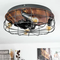 hofstein Ventilateur de plafond Moscavide Brun, Couleur bois, Noir, 4 lumières, Télécommandes