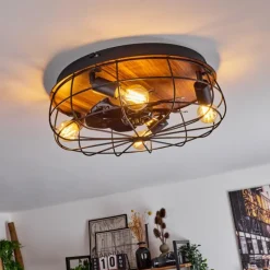 hofstein Ventilateur de plafond Moscavide Brun, Couleur bois, Noir, 4 lumières, Télécommandes