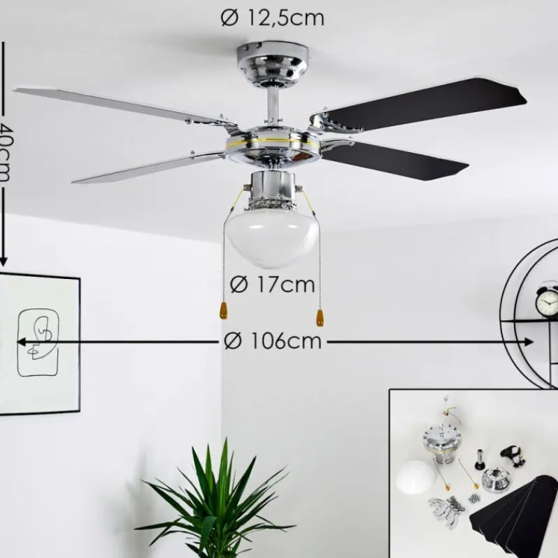 hofstein Ventilateur de plafond Valletta Chrome, Noir, Blanc, 1 lumière