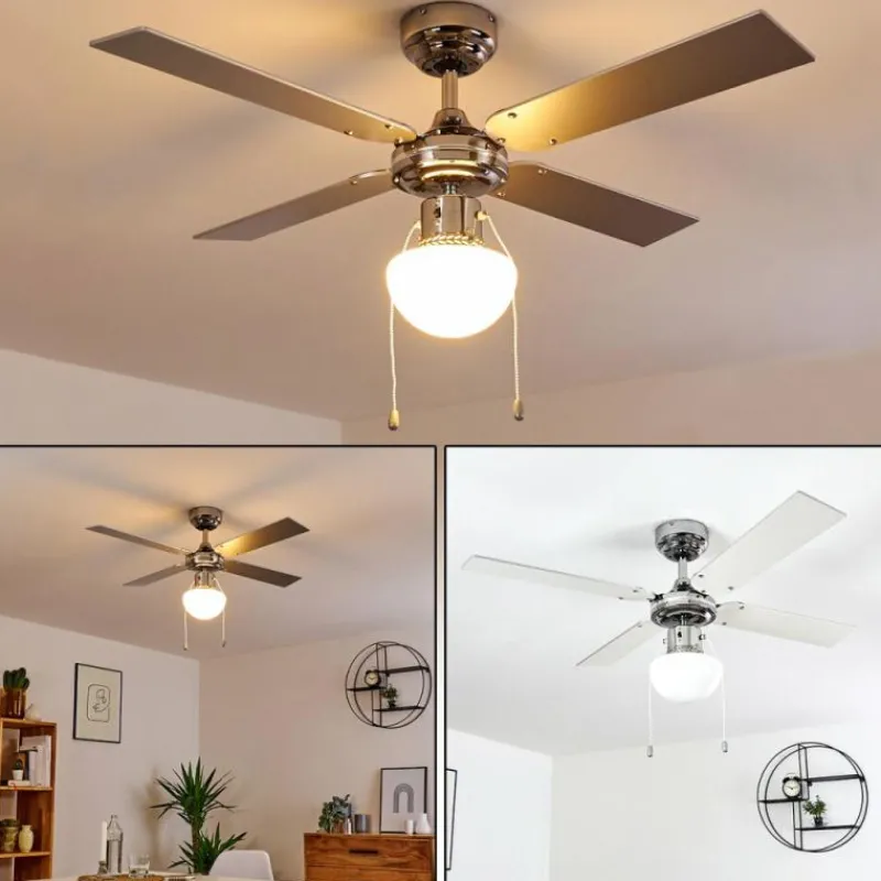 hofstein Ventilateur de plafond Valletta Chrome, Argenté, Blanc, 1 lumière