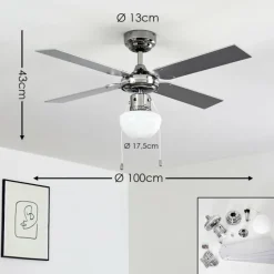 hofstein Ventilateur de plafond Valletta Chrome, Argenté, Blanc, 1 lumière