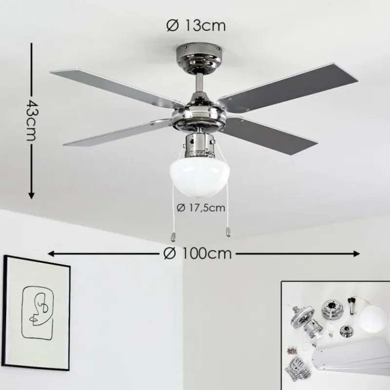 hofstein Ventilateur de plafond Valletta Chrome, Argenté, Blanc, 1 lumière
