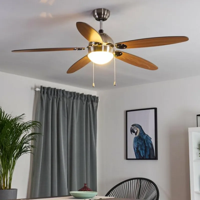 hofstein Ventilateur de plafond Valeria Chrome, Bois clair, Nickel mat, 1 lumière