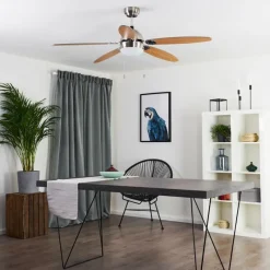 hofstein Ventilateur de plafond Valeria Chrome, Bois clair, Nickel mat, 1 lumière