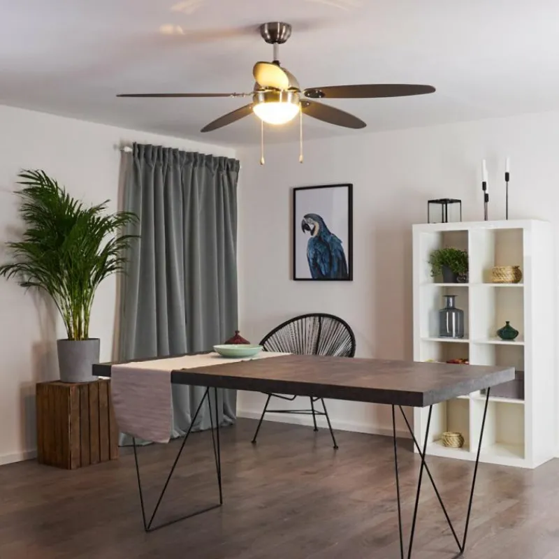 hofstein Ventilateur de plafond Valeria Chrome, Bois clair, Nickel mat, 1 lumière