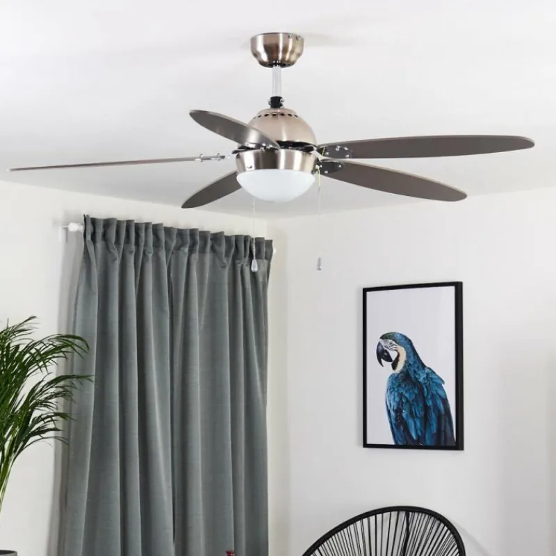 hofstein Ventilateur de plafond Valeria Chrome, Bois clair, Nickel mat, 1 lumière