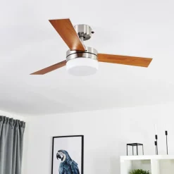 hofstein Ventilateur de plafond Vevey Bois clair, Nickel mat, Argenté, 2 lumières, Télécommandes