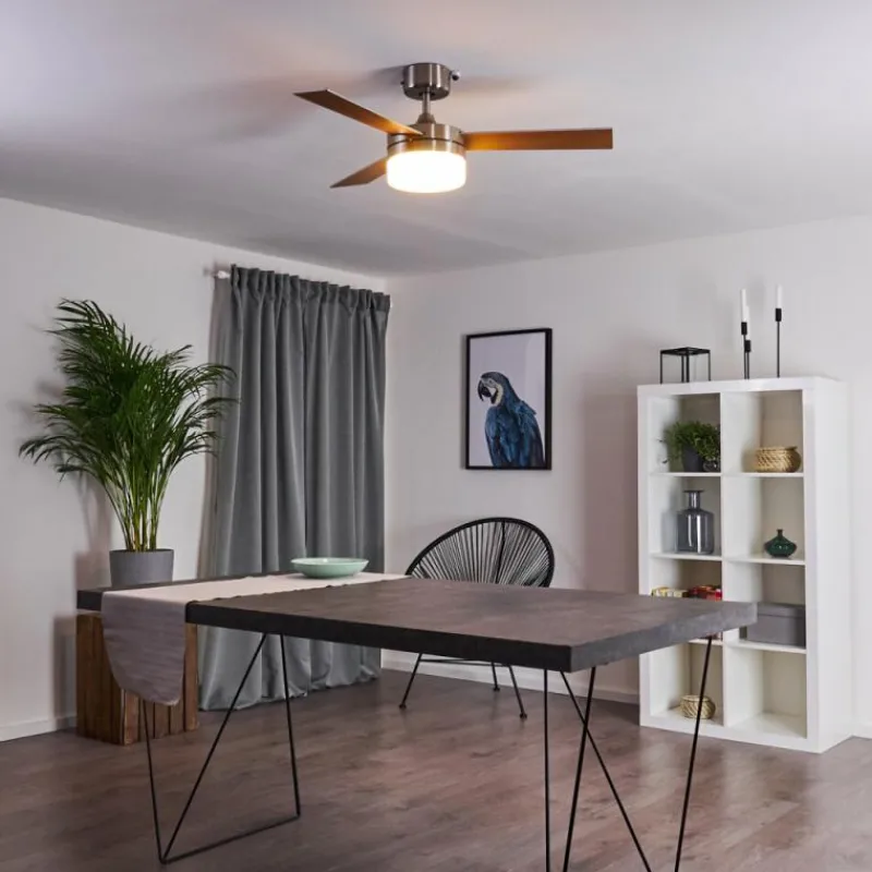 hofstein Ventilateur de plafond Vevey Bois clair, Nickel mat, Argenté, 2 lumières, Télécommandes