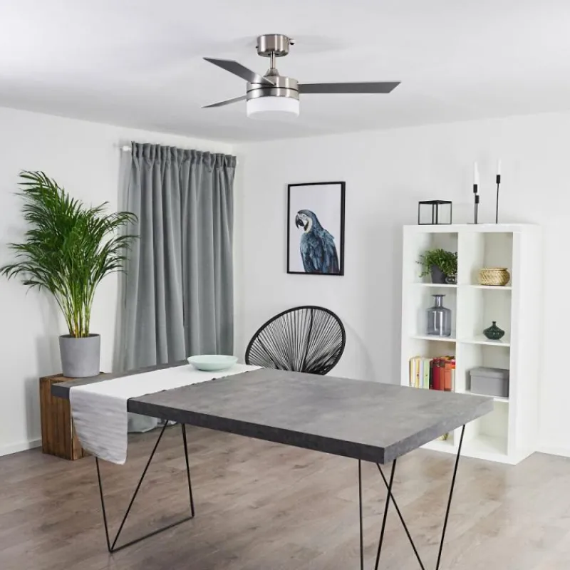 hofstein Ventilateur de plafond Vevey Bois clair, Nickel mat, Argenté, 2 lumières, Télécommandes