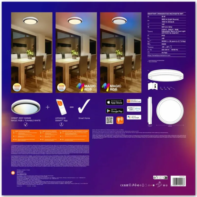 Luminaires Ledvance Wifi Plafonnier LED Noir, 1 lumière, Changeur de couleurs